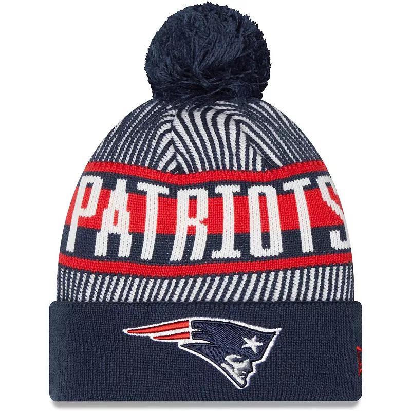 Mens New Era Navy New England Patriots Striped Cuffed Knit Hat with Pom, PAT Blue Product Image