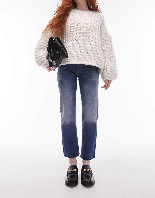 Topshop cropped mid rise straight jeans with raw hems in extreme mid blue Product Image