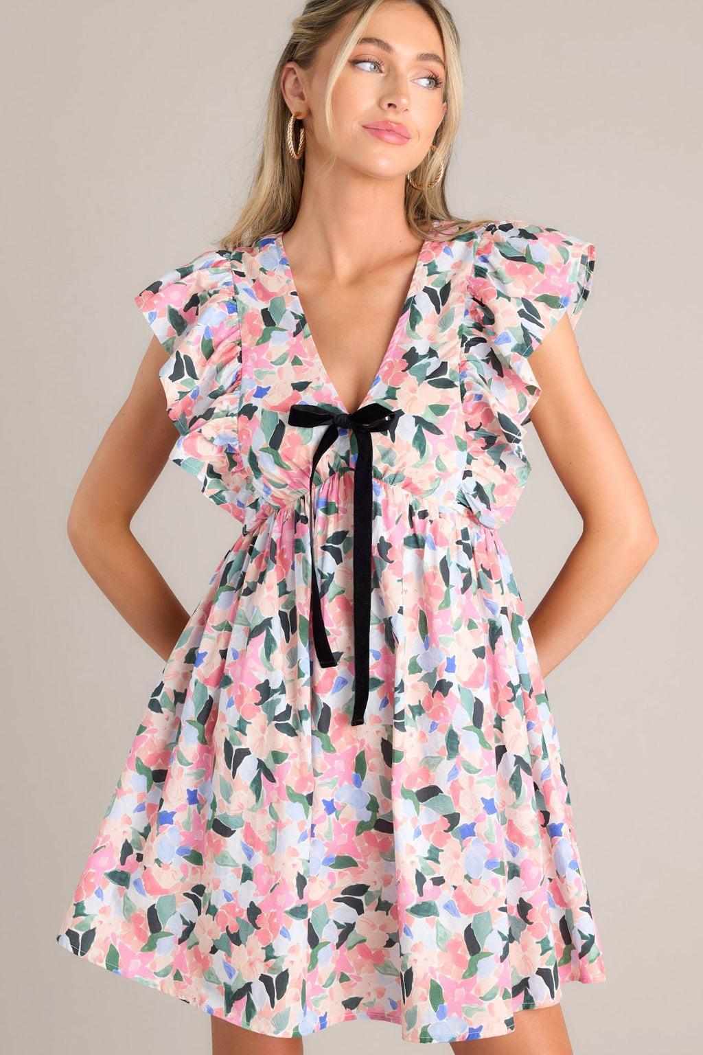 Meadow Dreams Pink Multi Floral Flutter Sleeve Mini Dress Product Image