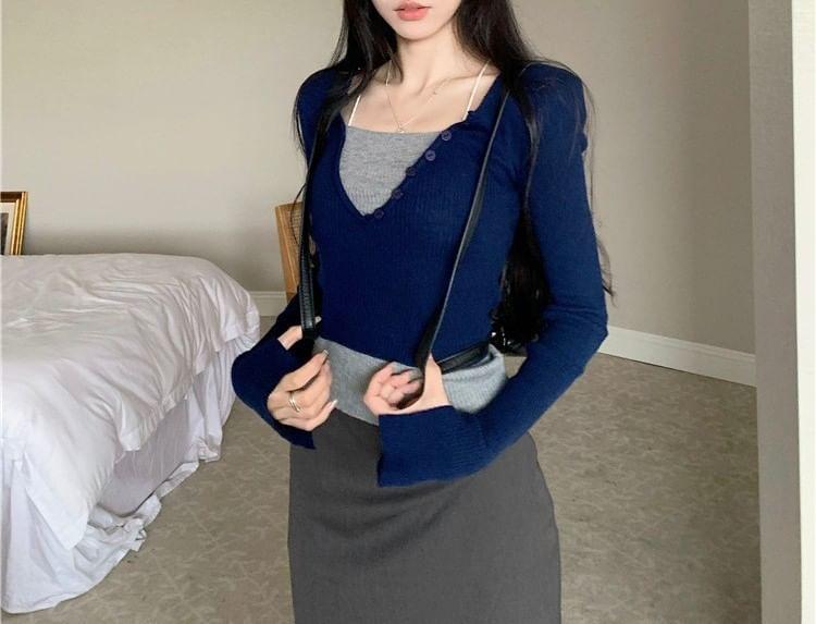 Mock Two-Piece Long-Sleeve Two Tone Knit Top Product Image