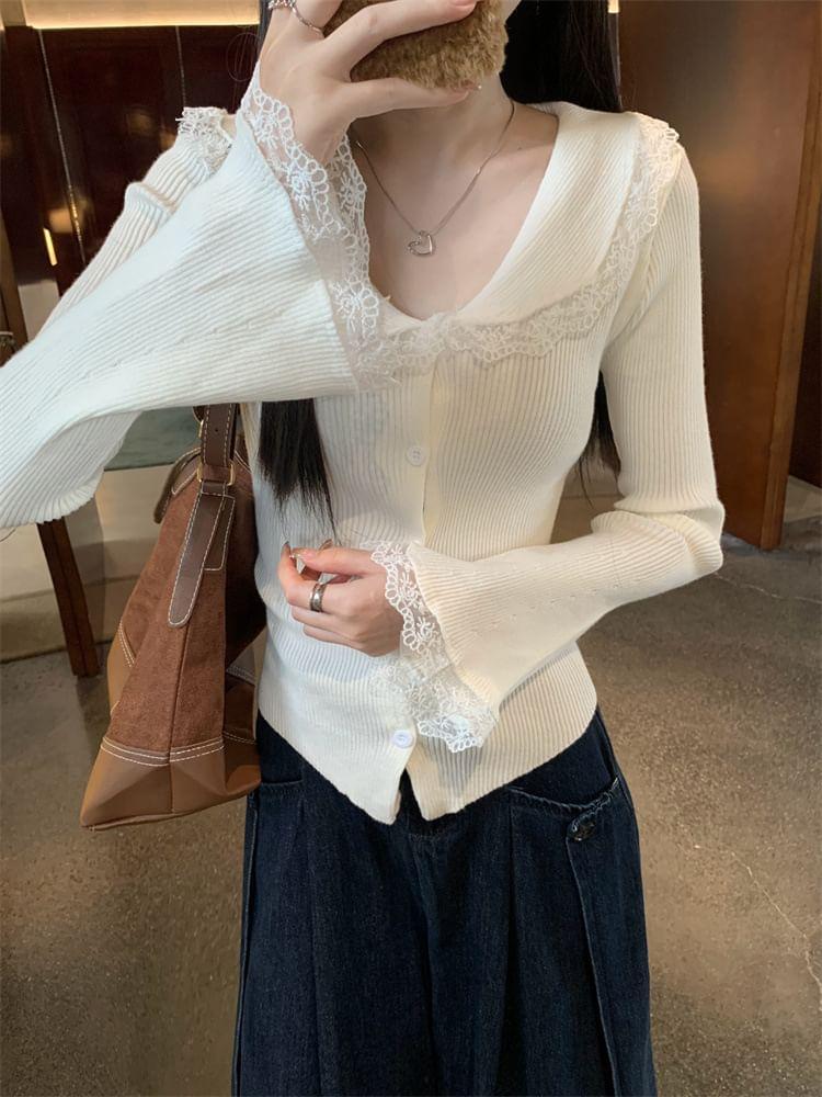 Long-Sleeve Collar Lace Trim Button Ribbed Knit Top Product Image