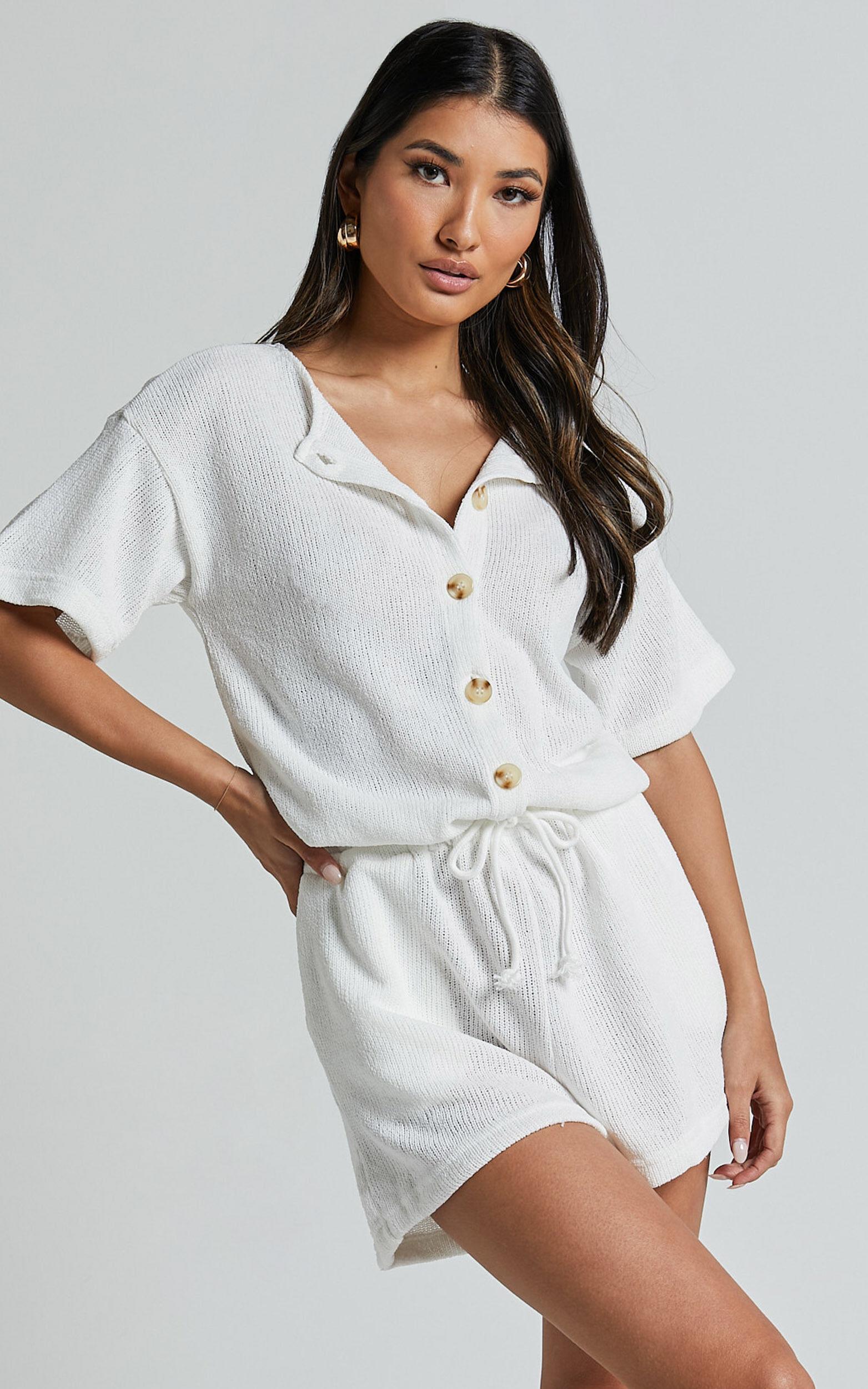 Edeline Playsuit - Button Front Short Sleeve Drawstring Waist in Off White Product Image