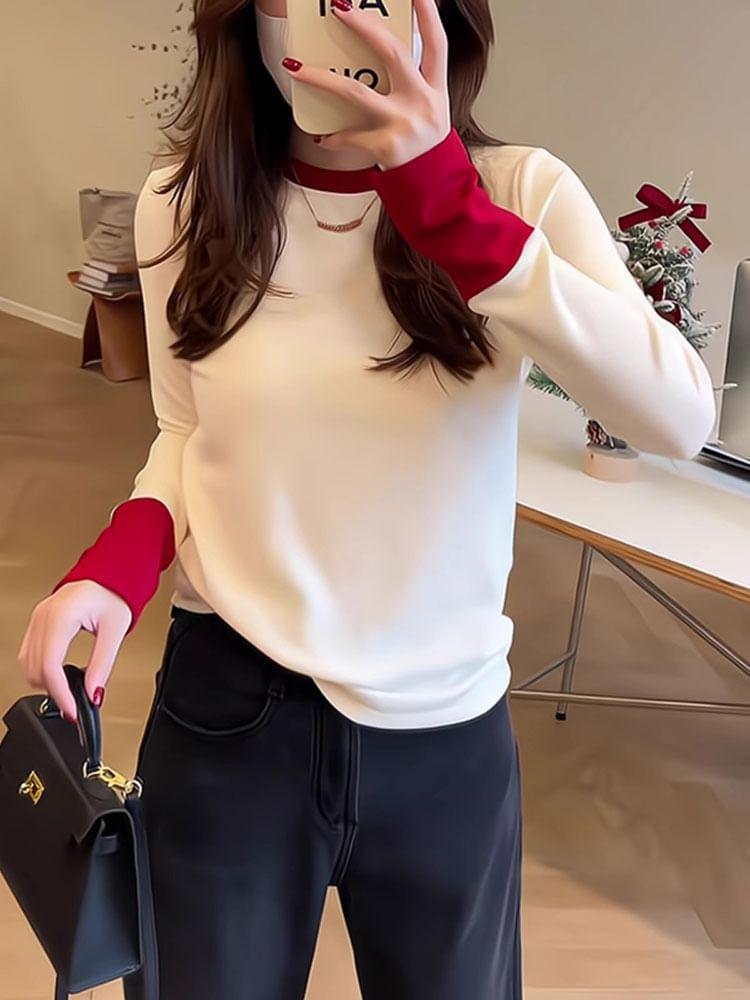 Long-Sleeve Round Neck Two Tone Knit Top Product Image