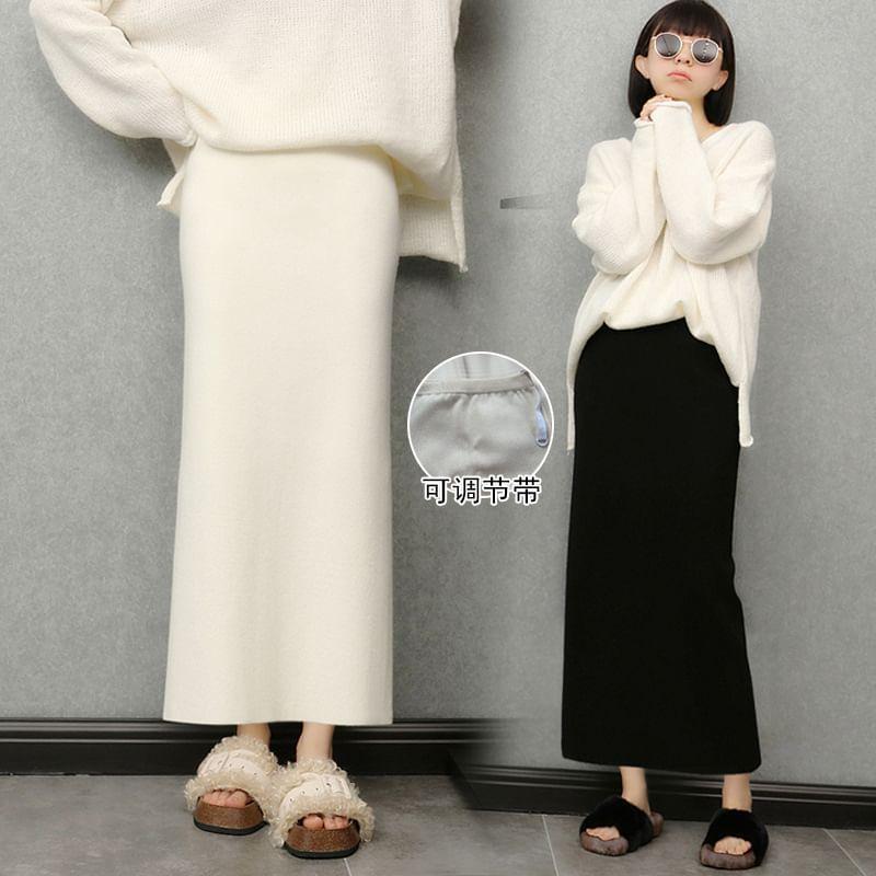 Maternity Elastic Waist Plain Slit Midi Pencil Knit Skirt Product Image