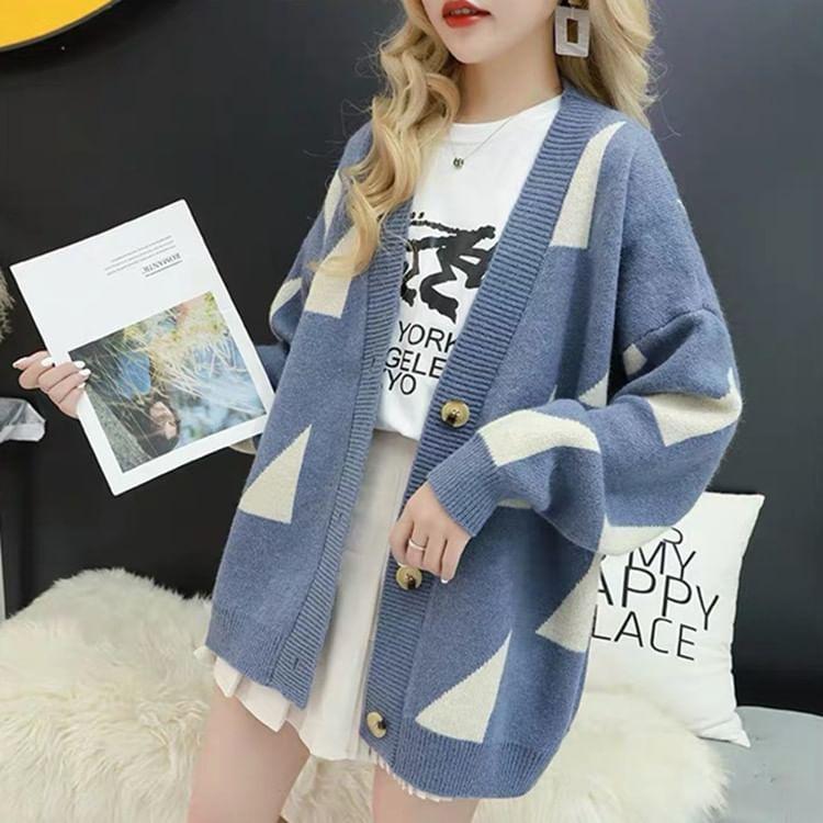 V-Neck Two Tone Patterned Cardigan Product Image