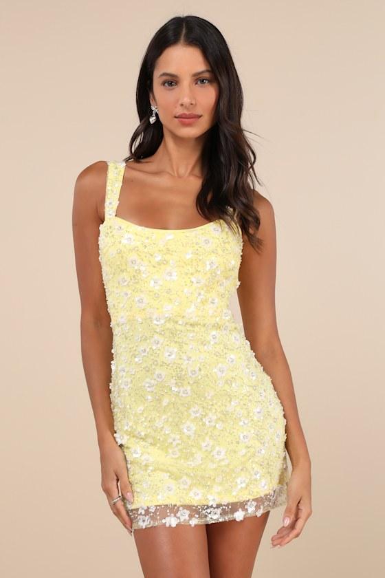 Dazzling Forever Yellow Sequin Beaded Bodycon Mini Dress Product Image