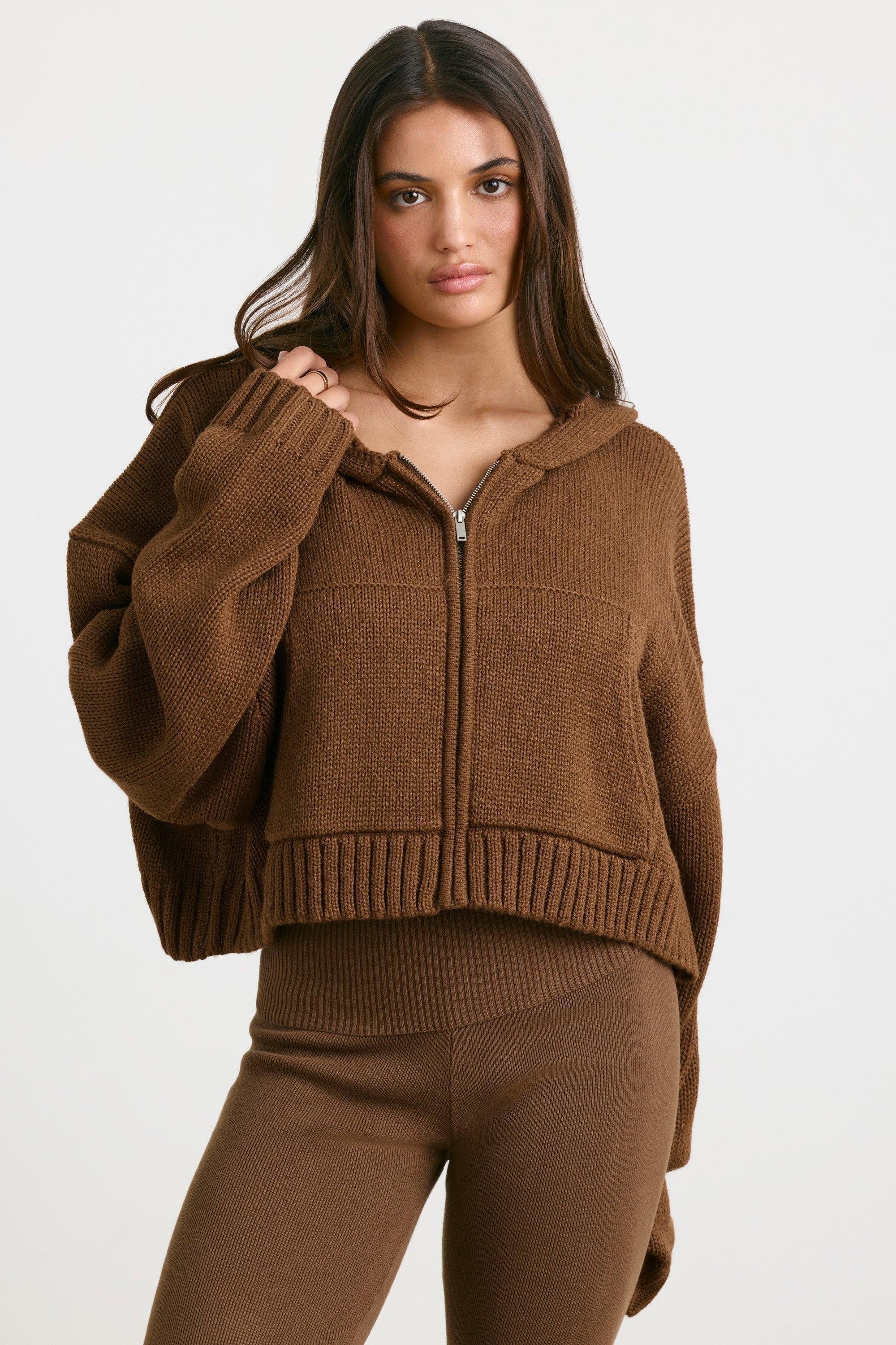 Cropped Zip Up Chunky Knit Hoodie in Espresso Product Image