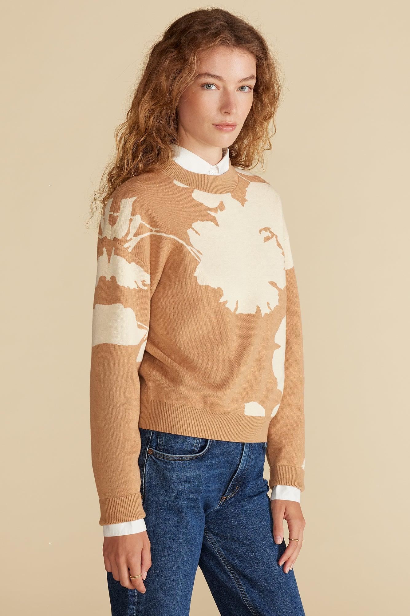 Martha Organic Cotton Jacquard Sweater - Camel and Ivory Abstract Floral Product Image