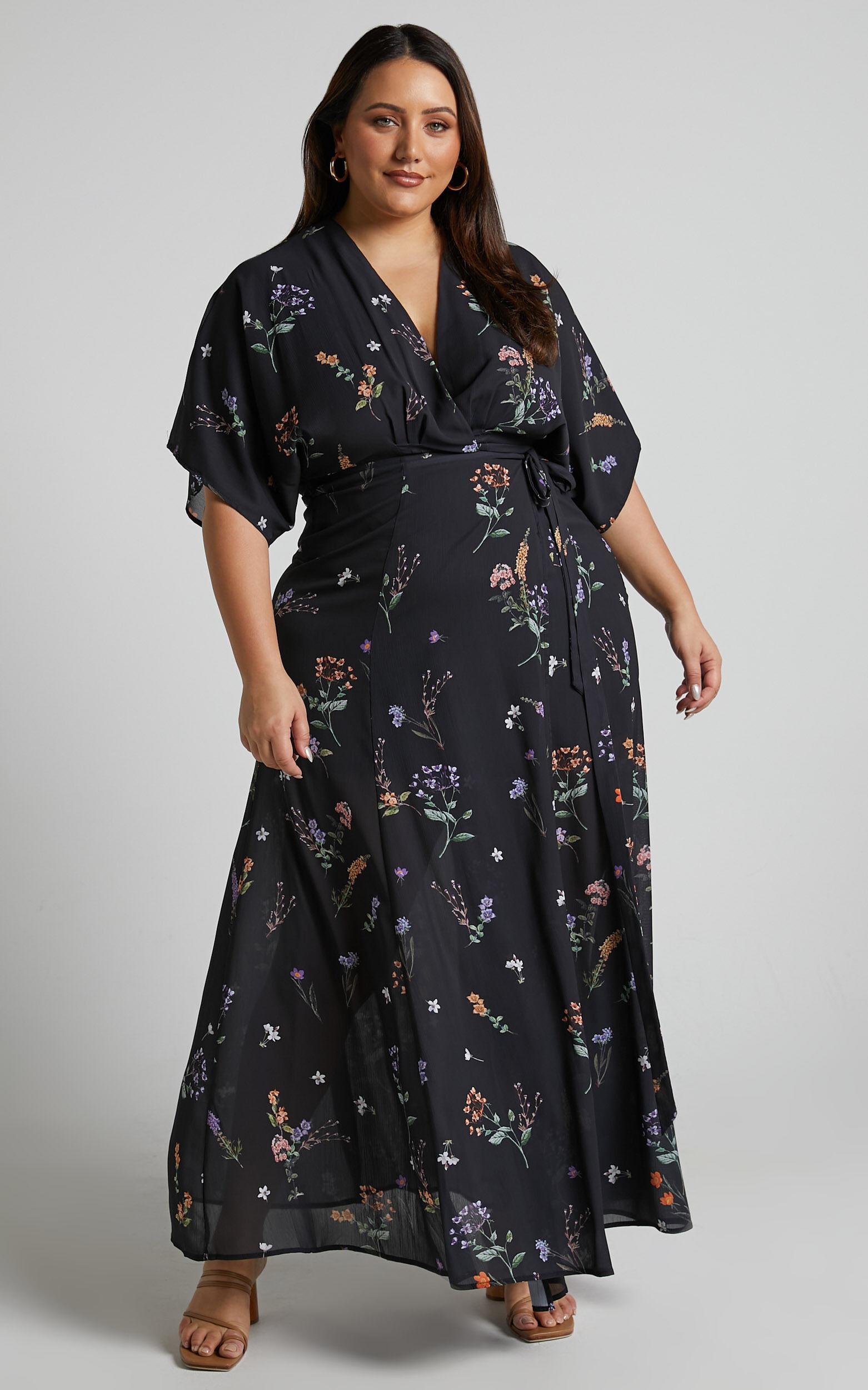 Erenza Maxi Dress - Extended Sleeve Wrap Dress in Black Flower Field Product Image