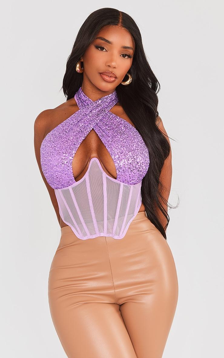 Shape Purple Sequin Mesh Insert Wrap Neck Corset Product Image