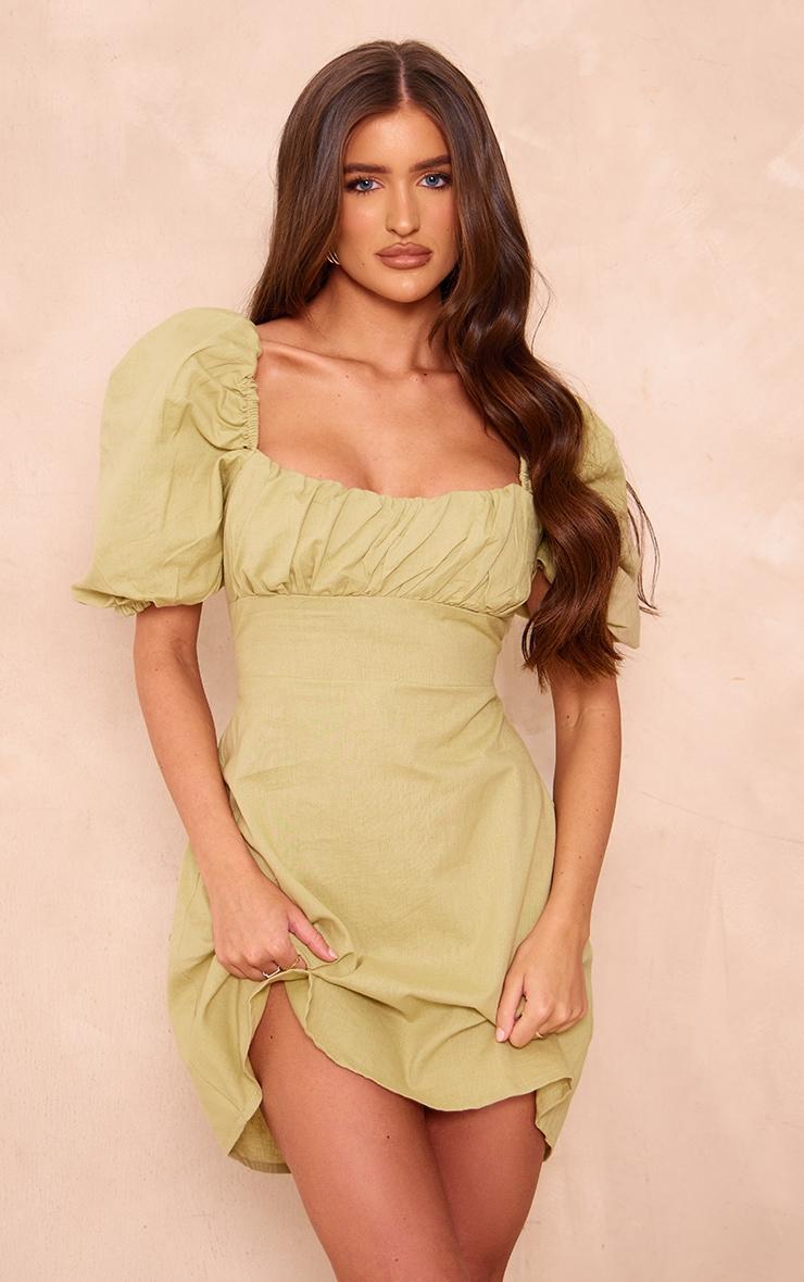 Sage Green Linen Look Lace Up Back Bodycon Dress Product Image