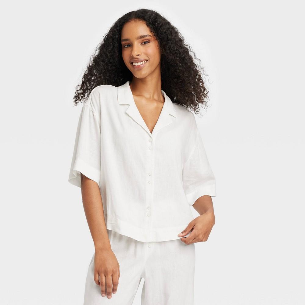 Womens Linen Blend Button-Up Pajama Top - Stars Above White XS Product Image