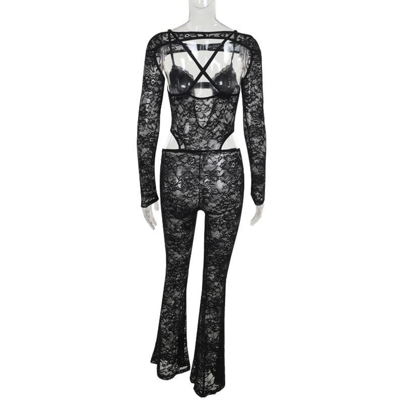 Long Sleeve Lace Cut Out Jumpsuit Product Image