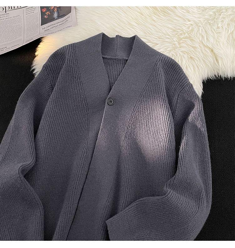 V-Neck Plain Ribbed Cardigan Product Image