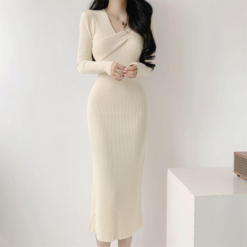 Long-Sleeve Asymmetrical Neck Plain Ribbed Knit Midi Sheath Dress Product Image