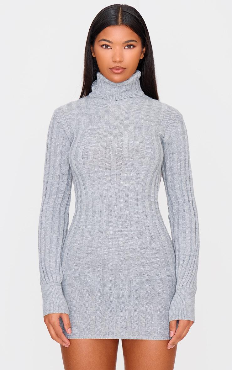  Grey Knitted Roll Neck Sweater Dress Product Image