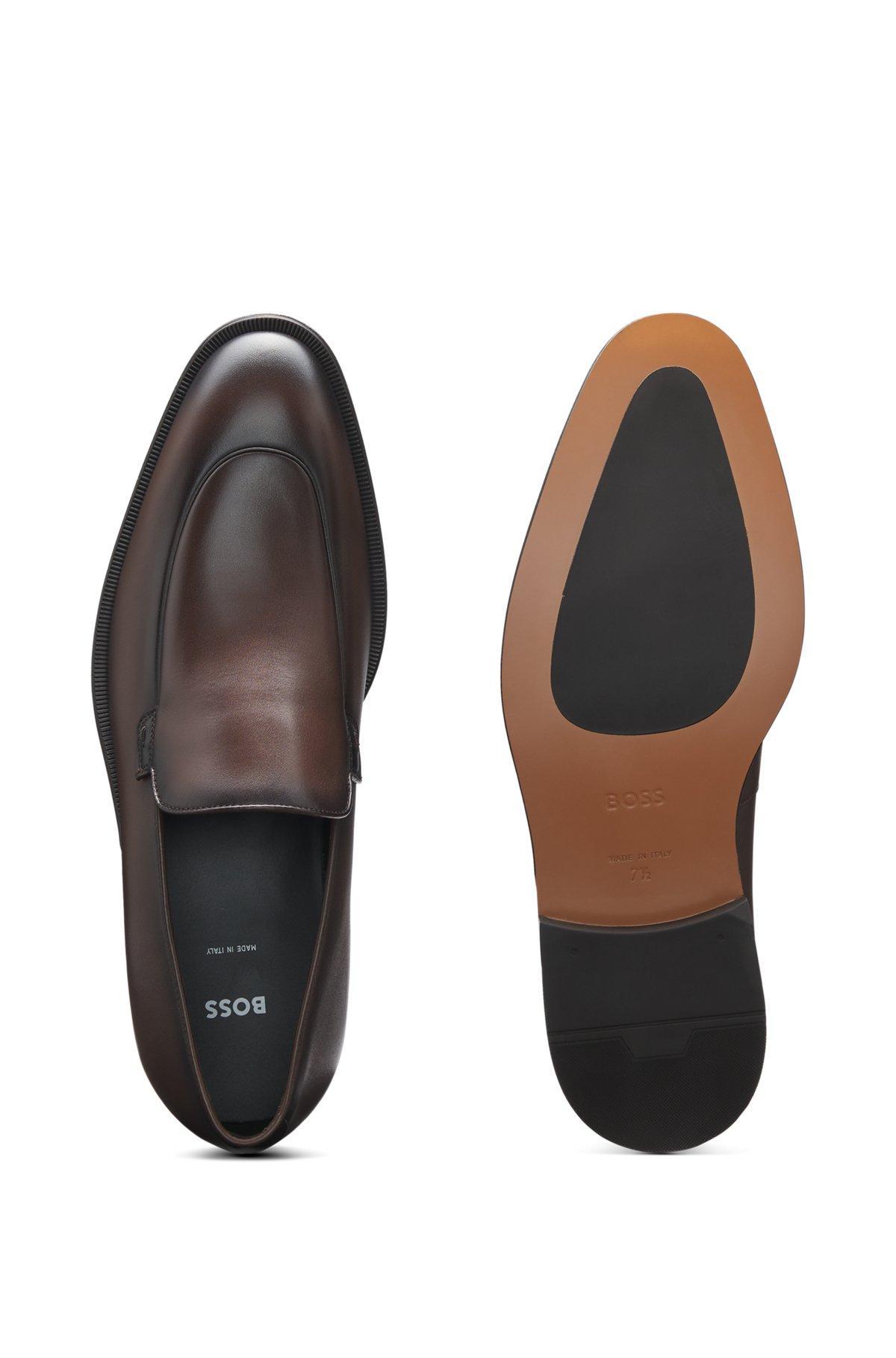 BOSS - Leather loafers with apron toe - Dark Brown Product Image