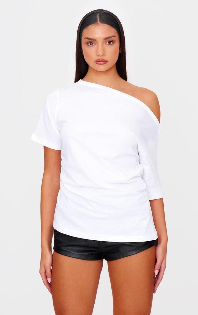 White Asymmetric Ruched Side Detail T Shirt Product Image