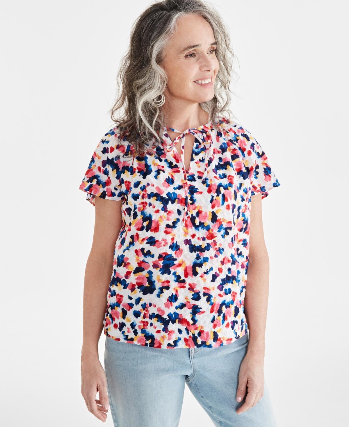 Women's Seersucker Split-Neck Flutter Sleeve Top, Created for Macy's Product Image