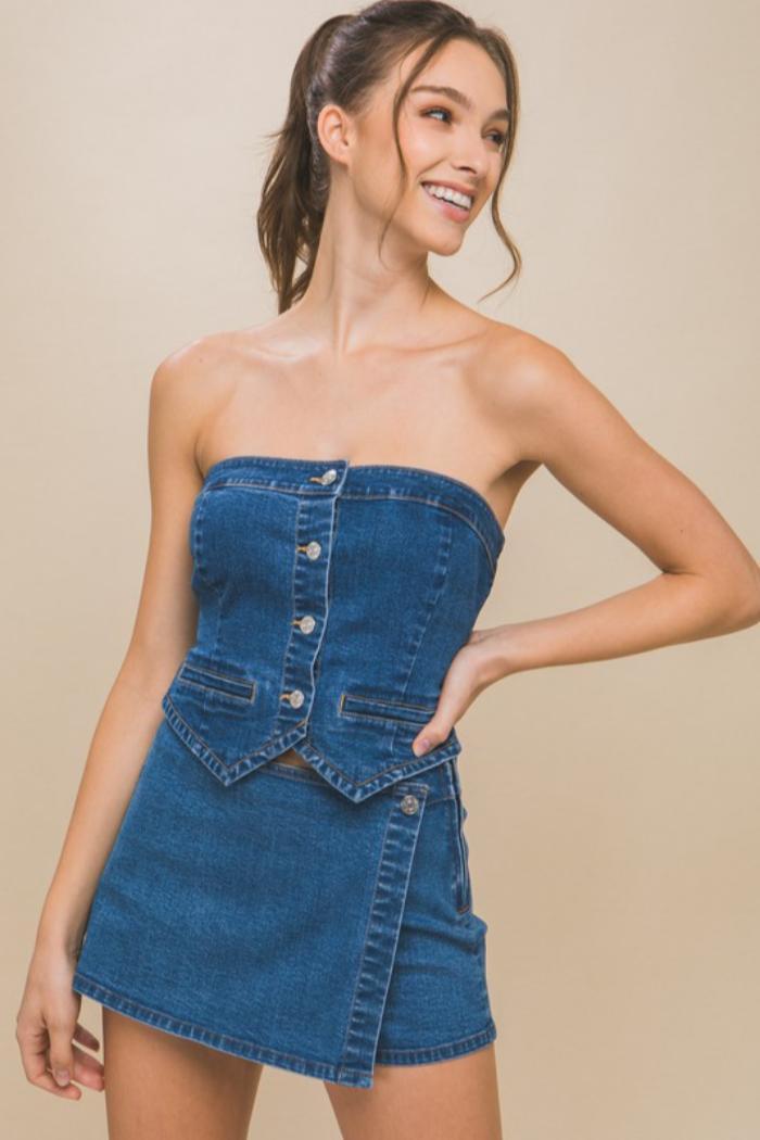 Denim Strapless Button-Up Crop Top Product Image