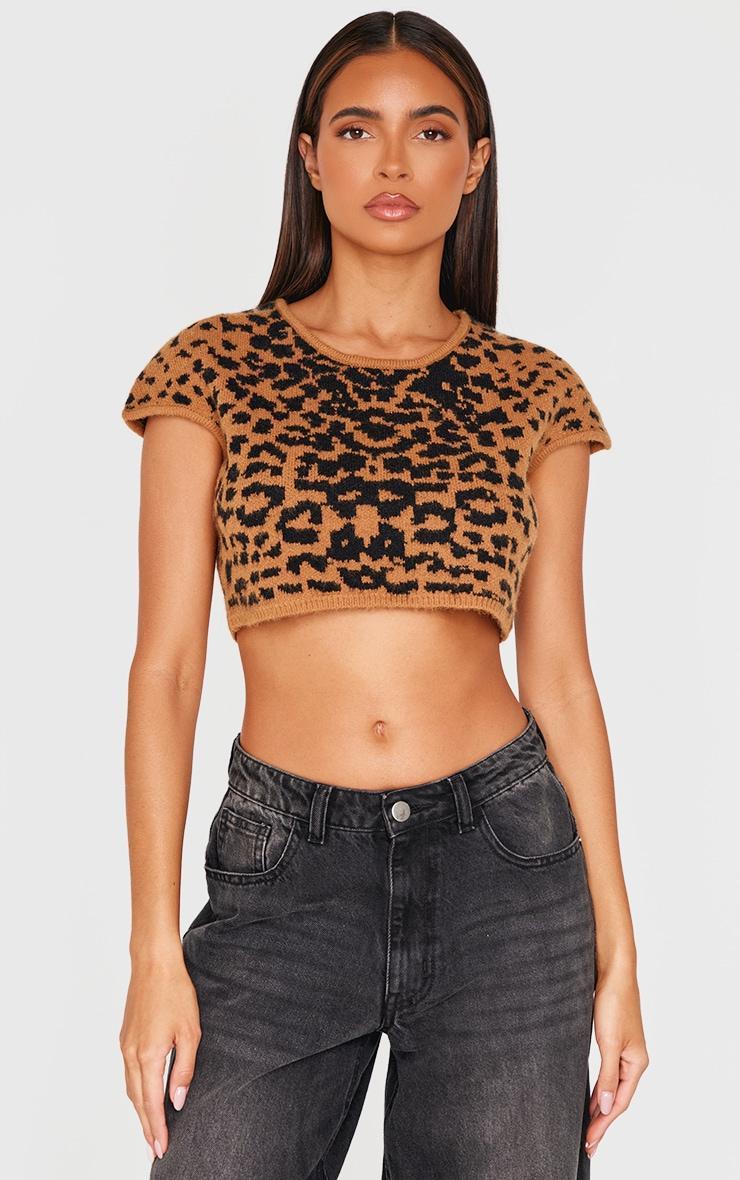 Leopard Print Textured Knit Basic Crop Top Product Image