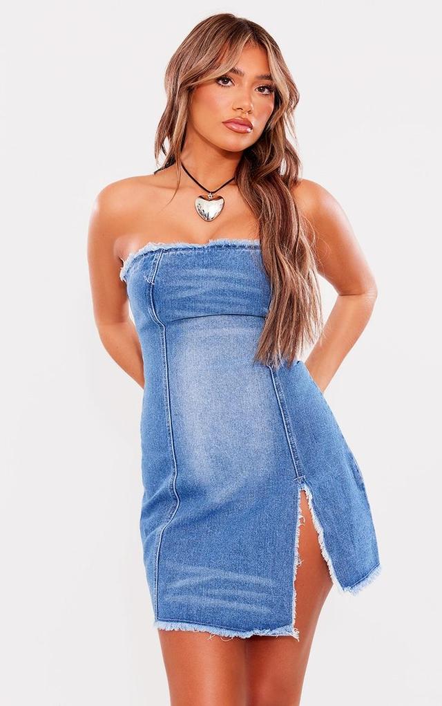 Mid Blue Wash Raw Edge Split Detail Denim Bandeau Mini Dress Product Image