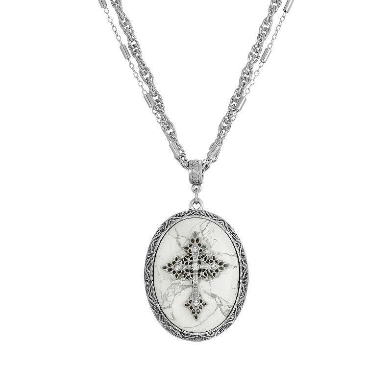 Symbols Of Faith Silver Tone Crystal Cross Cameo Double-Strand Pendant Necklace, Womens, White Product Image