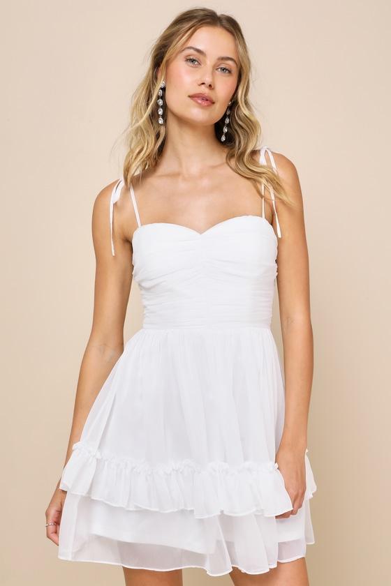 Angelic Approach White Chiffon Ruffled Tie-Strap Mini Dress product image