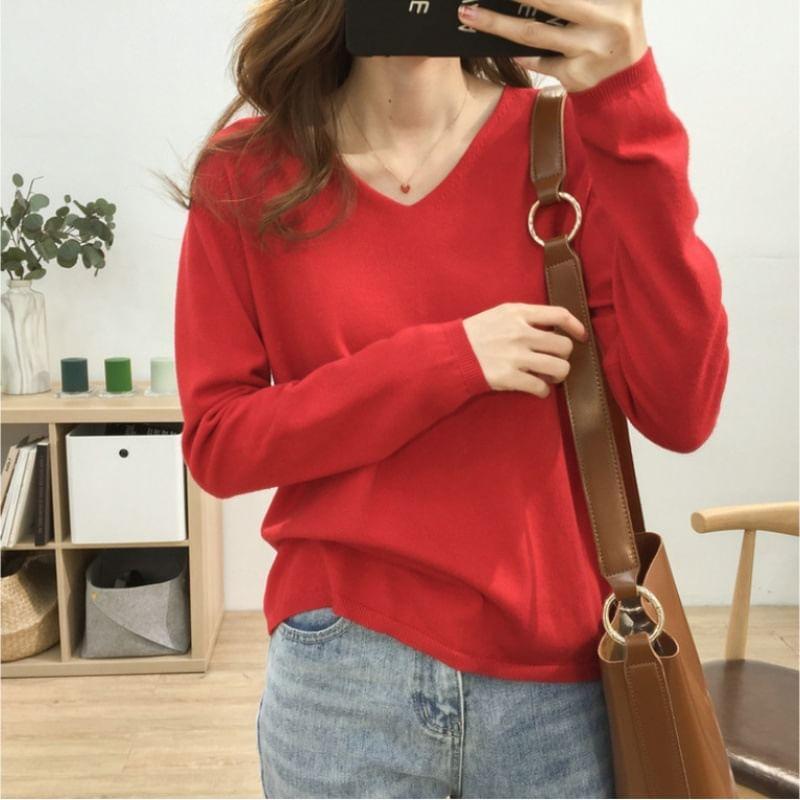 Long-Sleeve V-Neck Plain Knit Top Product Image