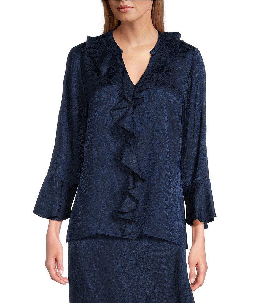 Investments Riley Woven Python Print Cascading Ruffle Y-Neck Long Sleeve Coordinating Top product image