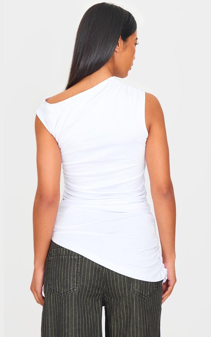 White Asymmetric Shoulder Ruched Longline Top Product Image