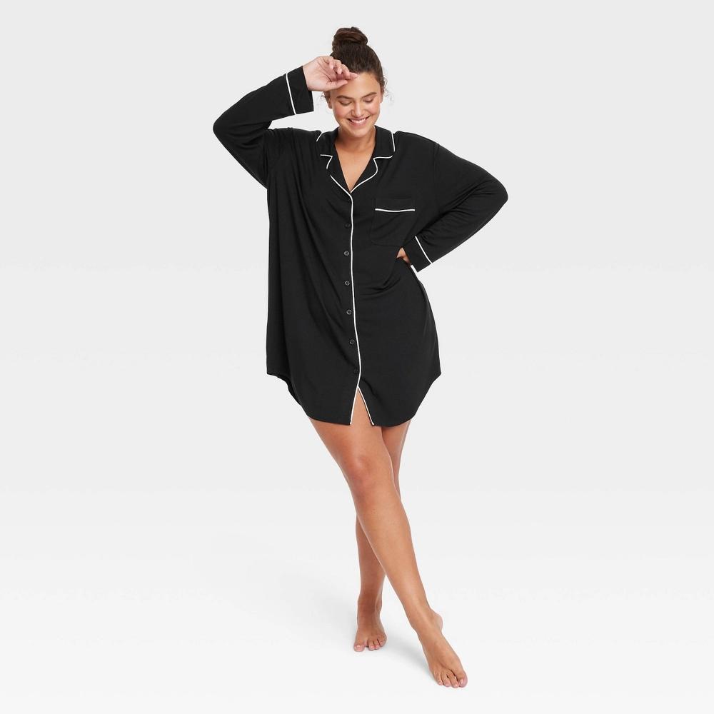 Women's Cloud Knit Notch Collar Long Sleeve NightGown - Auden™ Black 4X Product Image