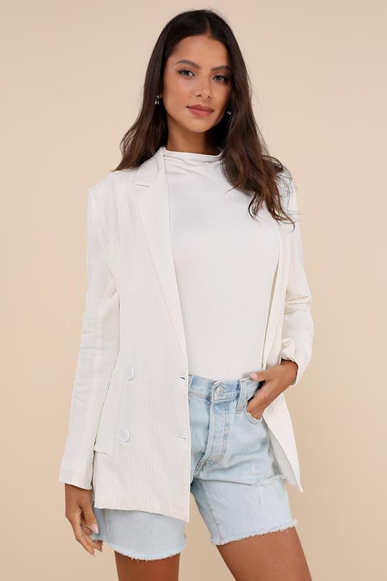 Poised Design White Linen Textured Double-Breasted Blazer Product Image