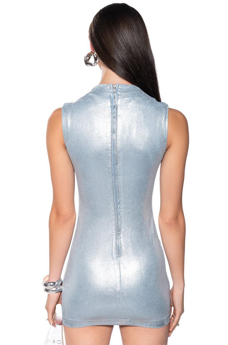 INTO THE NIGHT DENIM BODYCON MINI DRESS IN SILVER Product Image