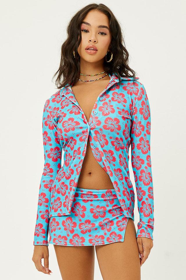 Nova Terry Floral Long Sleeve Button Up - Blue Magic Product Image