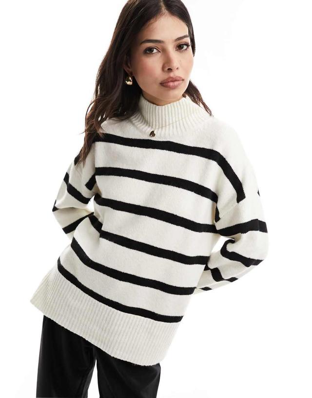 ASOS DESIGN longline sweater with high neck in cream and black stripe Product Image