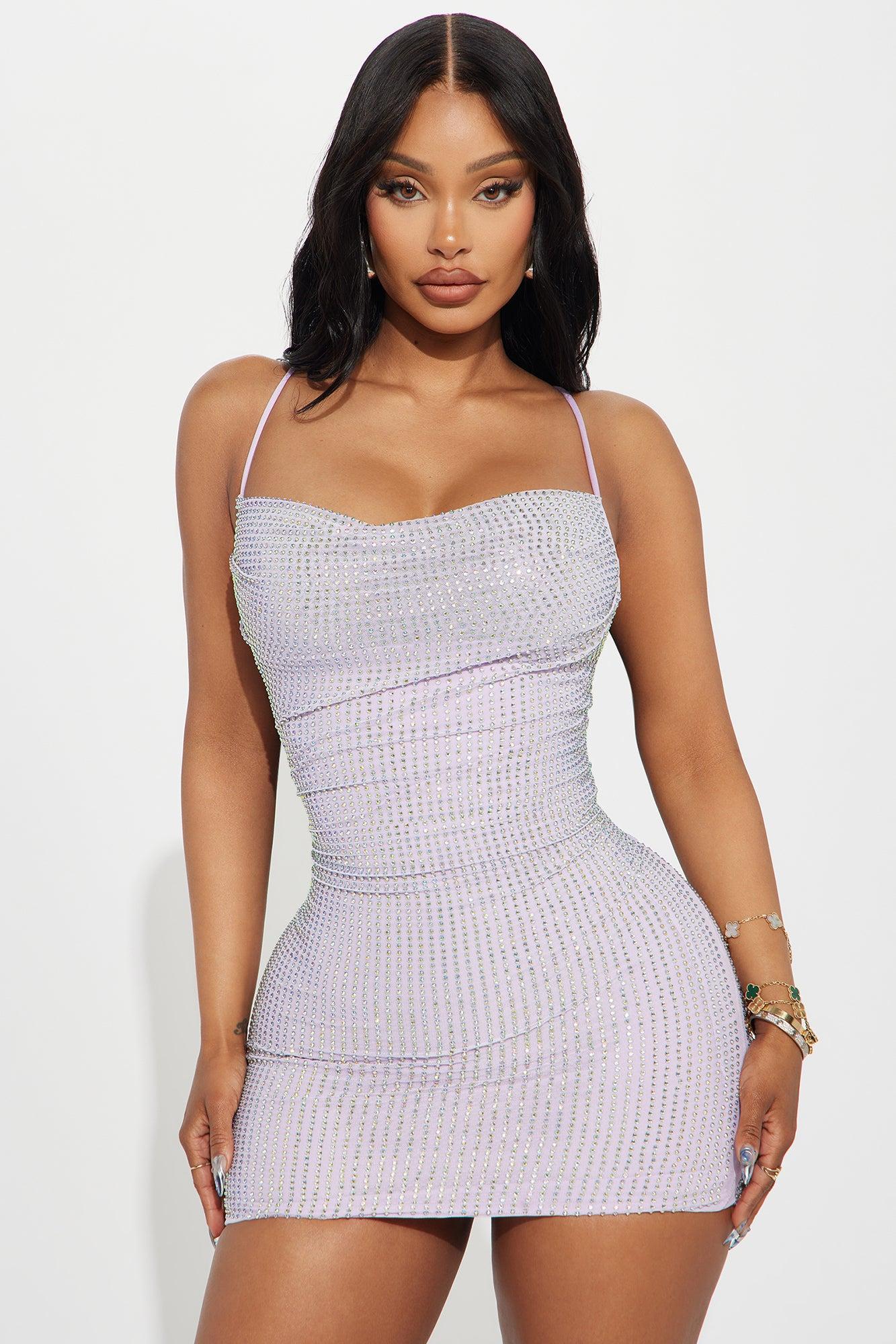 Oh Yes Rhinestone Mesh Mini Dress - Lavender Product Image