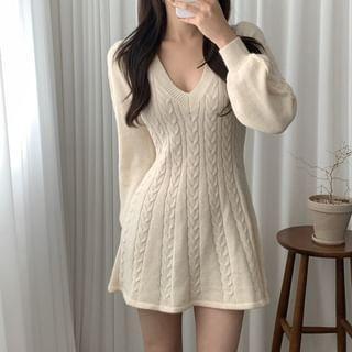 Long-Sleeve V-Neck Plain Cable Knit Mini A-Line Sweater Dress product image