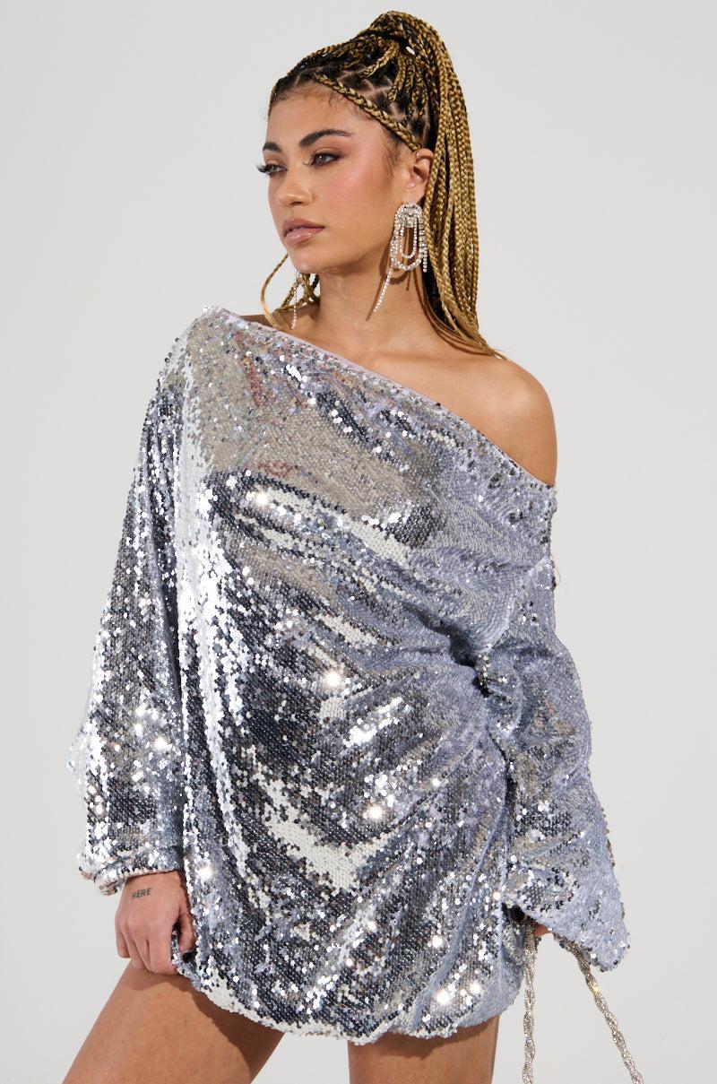 GEMMA OFF THE SHOULDER VOLUMINOUS SEQUIN MINI DRESS IN SILVER Product Image