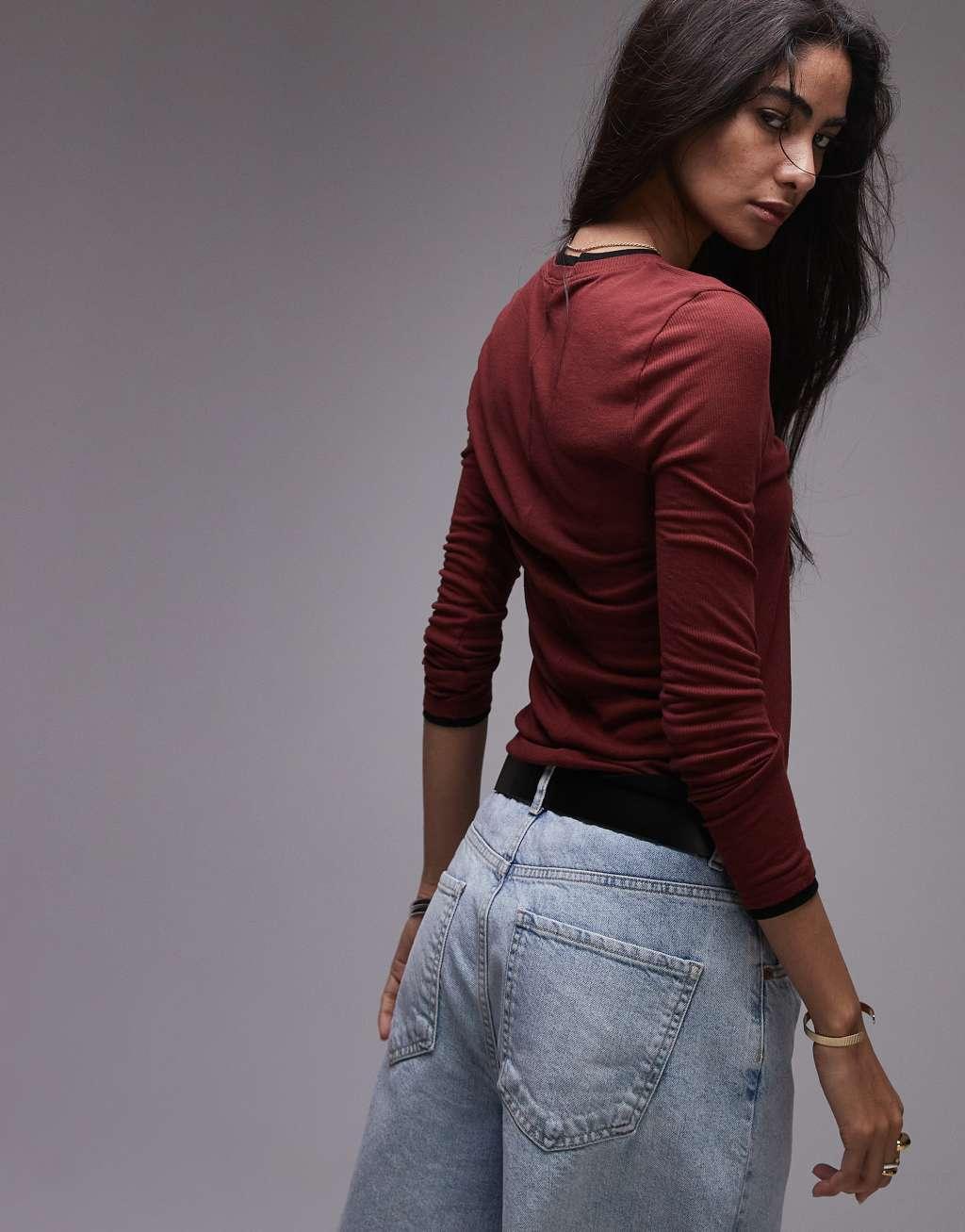 Topshop premium basic sheer crew neck long sleeve with contrast trim in burgundy Product Image