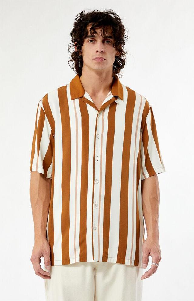 Men's Taupe Stripe Camp Shirt in Cream/Brown - Product Image