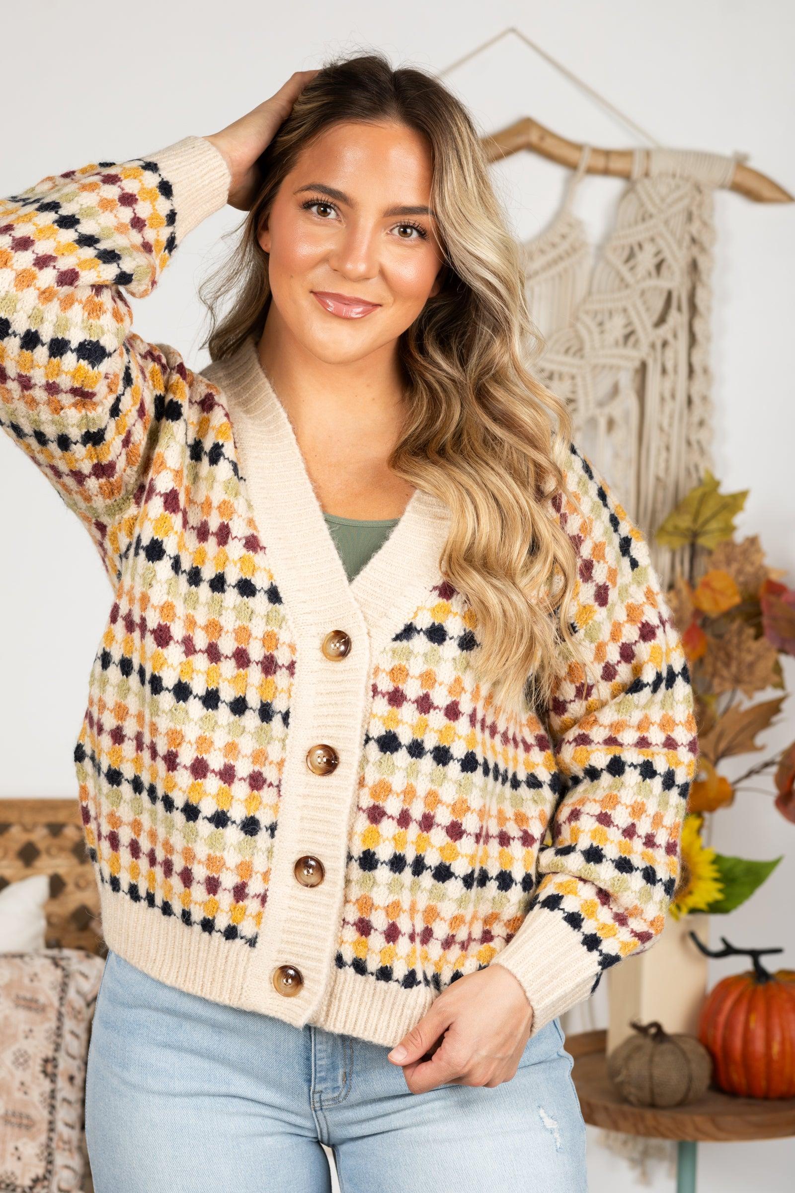 Beige Multicolor Button Knit Cardigan Product Image