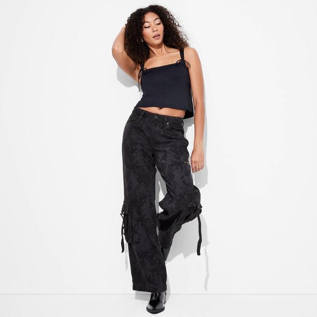 Womens Mid-Rise Wide Leg Cargo Baggy Pants - Wild Fable Black Camo 8 Product Image