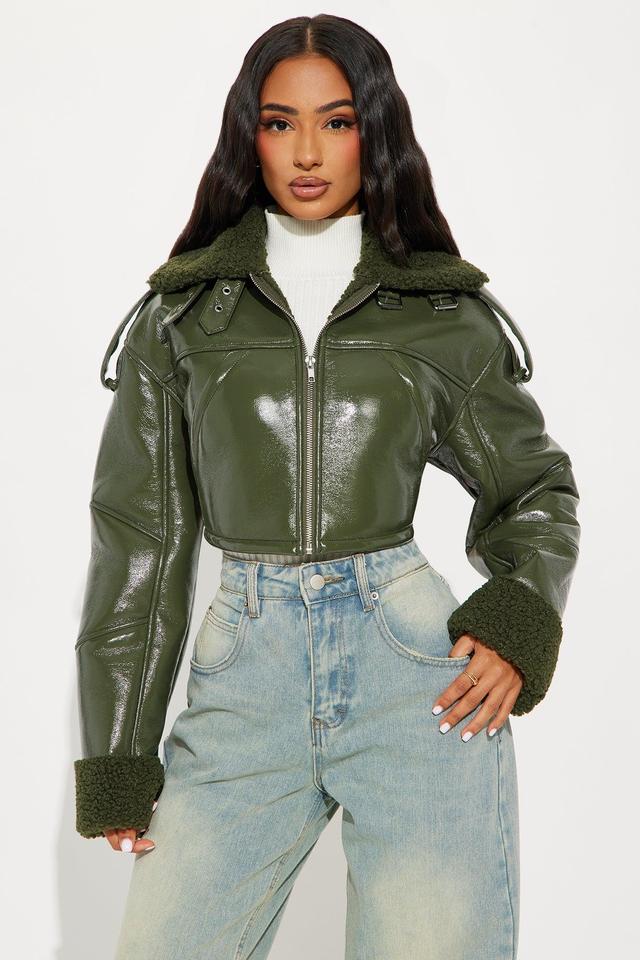 Bad Influence Faux Leather Cropped Jacket - Olive Product Image