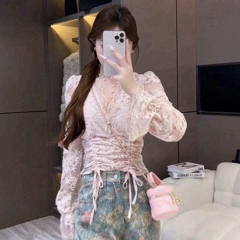 V-Neck Floral Drawstring Lace Blouse Product Image