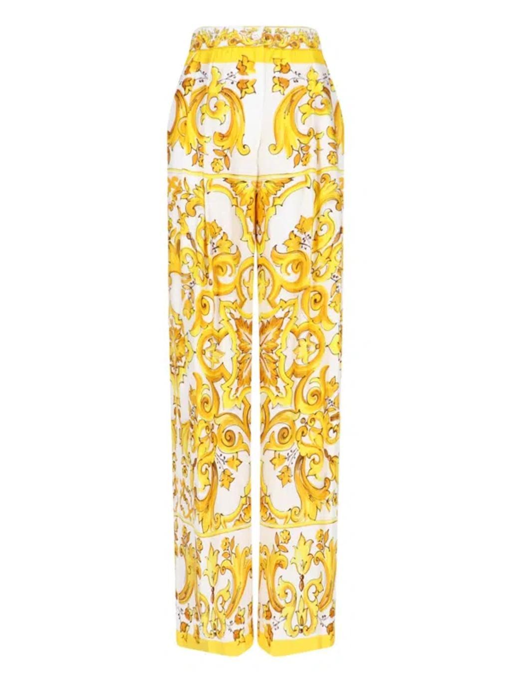 DOLCE & GABBANA Maiolica Printed Silk Wide Pants In Yellow Product Image