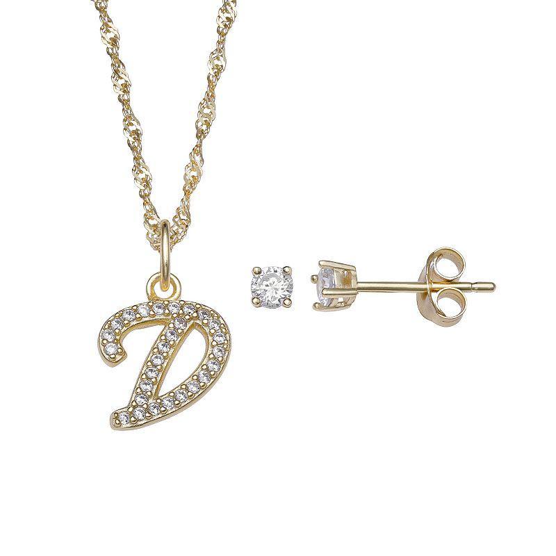 LC Lauren Conrad Sterling Silver Cubic Zirconia Stud Earrings & Initial Pendant Necklace Set, Womens Gold Tone T Product Image