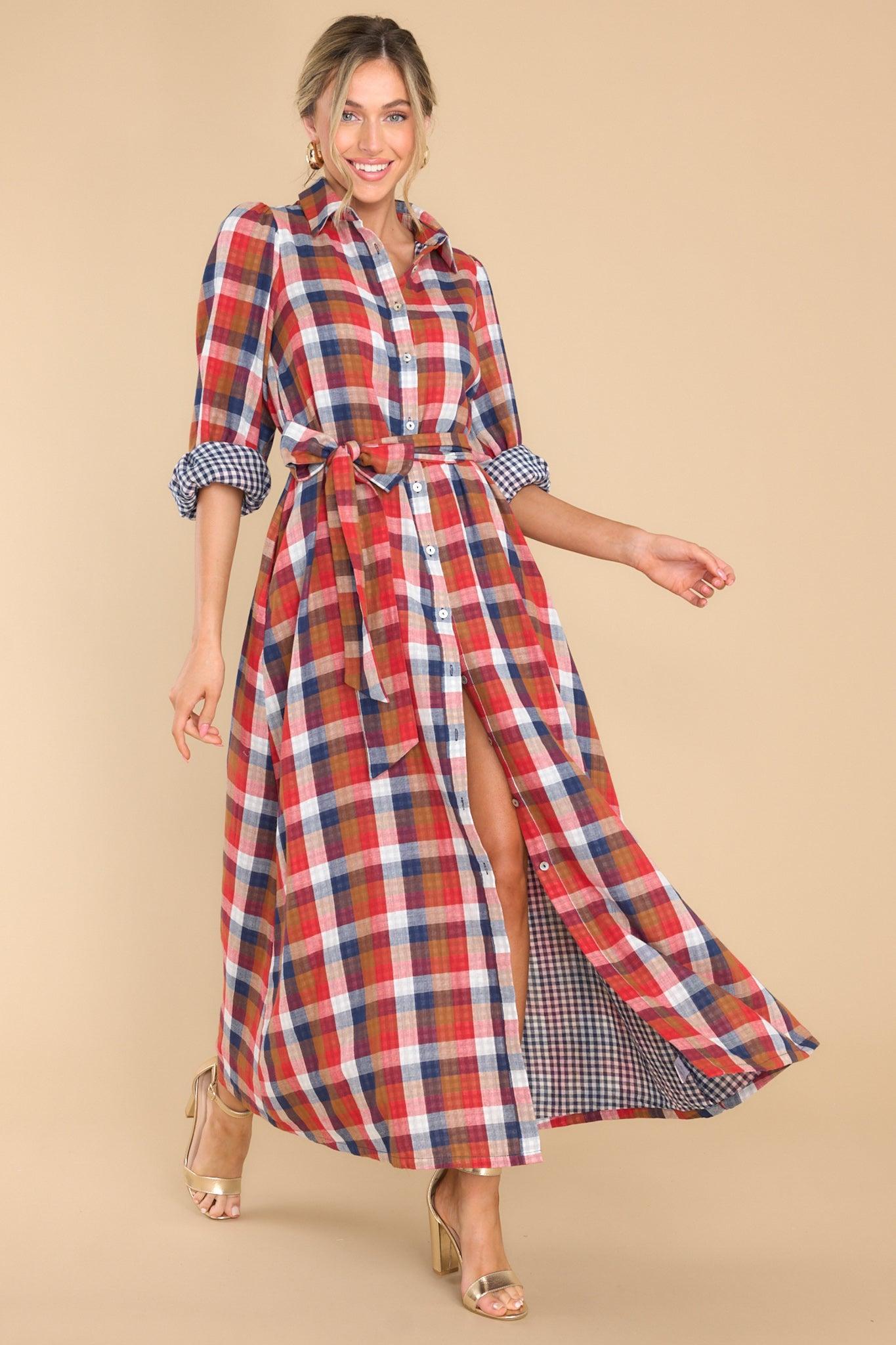 Aura Closing That Door Red Multi Plaid Maxi Dress Product Image