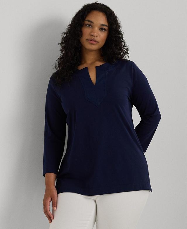 Lauren Ralph Lauren Plus Size Split Round Neck 34 Sleeve Woven Trim Knit Top Product Image