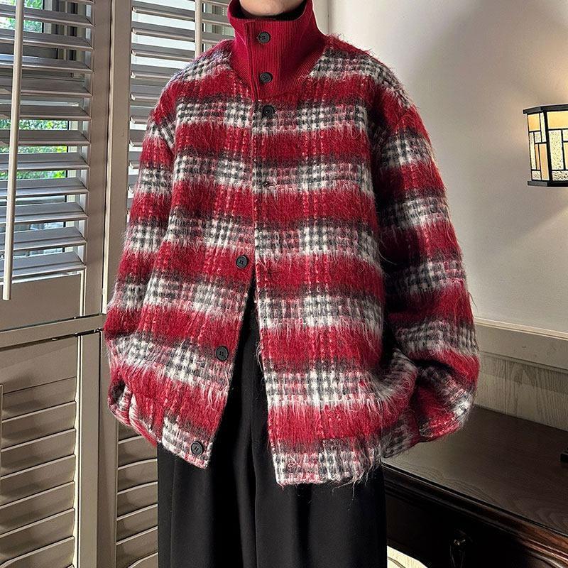 Stand Collar Plaid Panel Button Jacket Product Image